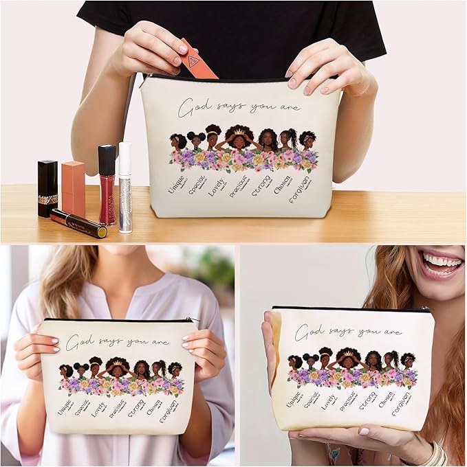 Inspirational Christian Makeup Bag Gifts: God Says You Are Themed Cosmetic & Toiletry Organizer Pouch For African American Black Teen Girls & Women.Ideal Gift For Travel, Birthdays, & Christmas.