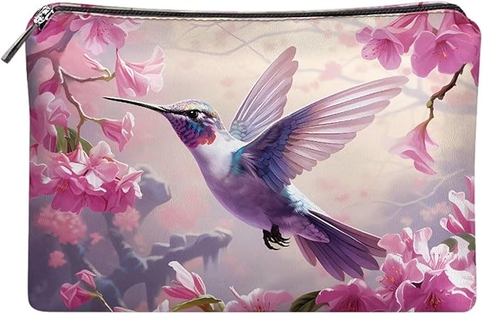 COEQINE Pink Makeup Bag for Women Leather Cosmetic Wallet Pink Hummingbirds Floral Print Cosmetic Purse for Wedding Birthday Party Cute Portable Cell Phone Case