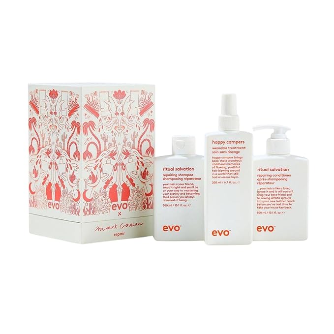 Evo Good Givin' Gift Set Repair Limited Edition Hair Care Gift Set Full Size Ritual Salvation Repairing Shampoo, Ritual Salvation Repairing Conditioner & Free Happy Campers Wearable Treatment