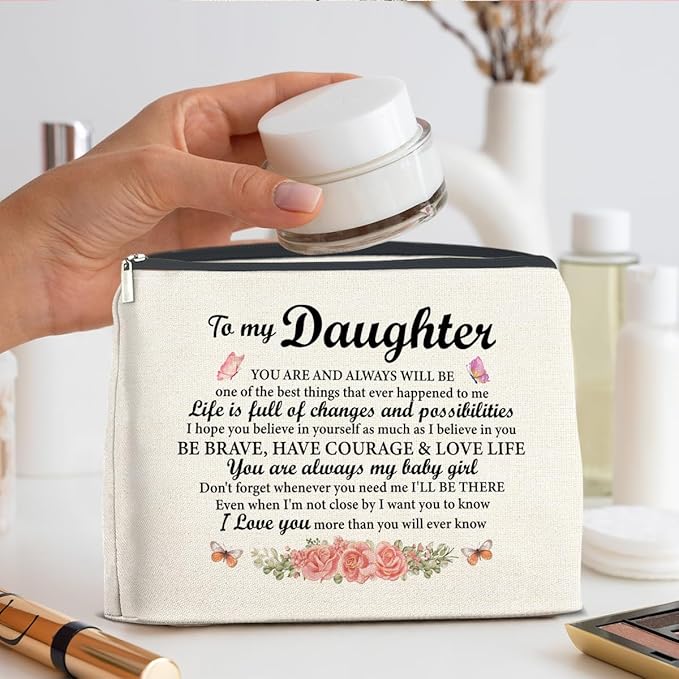 Daughter Gifts Makeup Bag, Gifts for Daughter Floral Cosmetic Bag Zipper Makeup Pouch Gift for Christmas Birthday Graduation