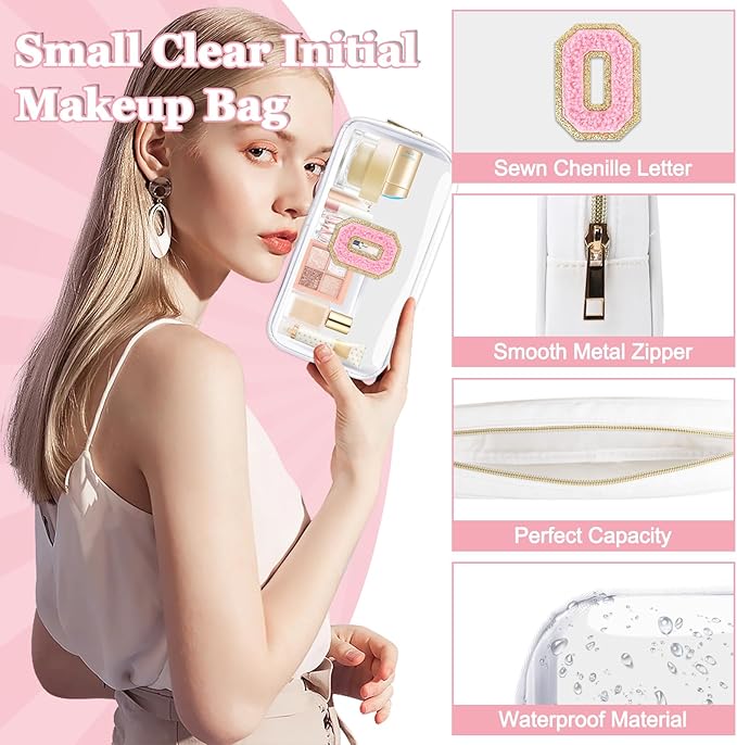 Small Clear Personalized Initial Makeup Bag, Preppy Nylon A-Z Chenille Letter Patch Makeup Organizer TSA Approved Travel Toiletry Bag,Waterproof Zip Beach Cosmetic Pouch Purse for Women(White-Pink O)