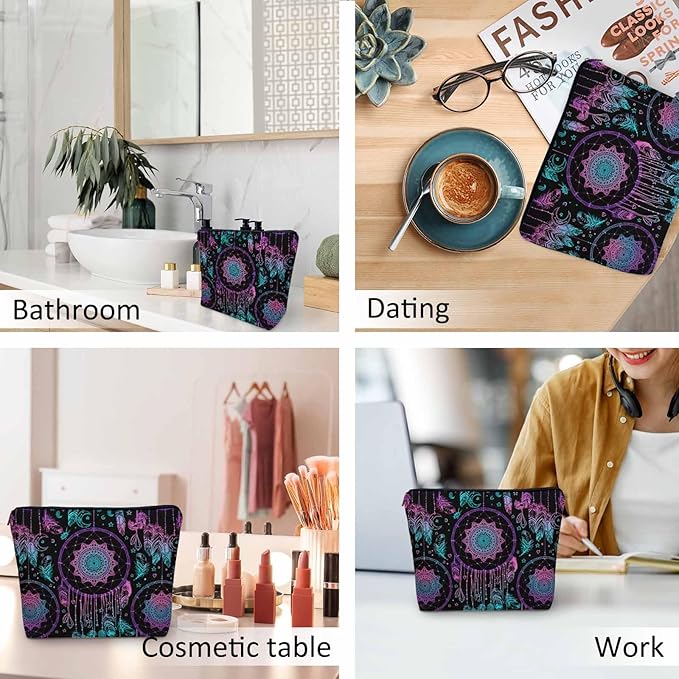 Dream Catcher Cosmetic Travel Bag For Toiletries, Native American Style Dreamcatcher Feathers Makeup Bag Toiletry Bags For Women, Flax Cosmetic Bags Make Up Bag Purse Toiletries Bag