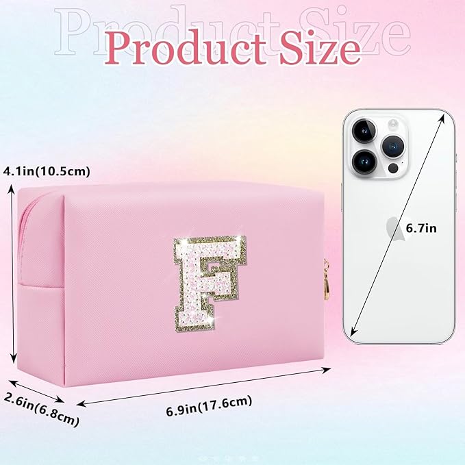Small Personalized Glitter Initial Letter Makeup Bag, Cute PU Leather Chenille Letters Cosmetic Bag Travel Makeup Pouch, Preppy Travel Organizer Zipper Pouch for Women&Girls（Pink-F）