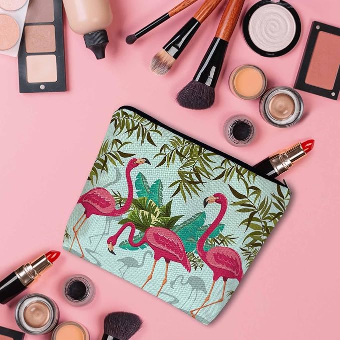 Women Makeup Organizer Bag Flamingo Exotic Flamingo Tropical Palms Flax Cosmetic Bag Makeup Bags Toiletry Bag Accessories Organizer Travel Bags For Home Bathroom Office Hotel Gym Pink Green