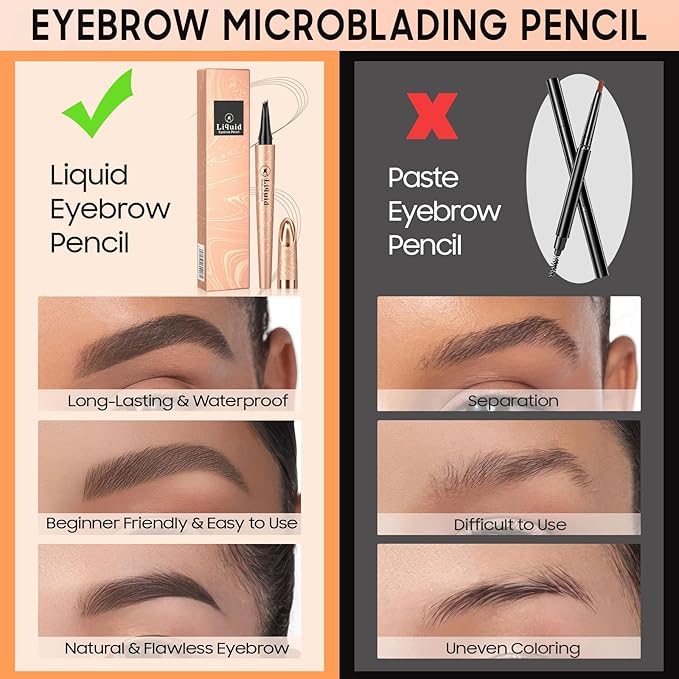 Eyebrow Pen - Upgraded 3D Liquid Eye Brow Microblading Pencil With Micro 4 Point Lift & Brow Pen Snatch, Long-Lasting Waterproof (Black)