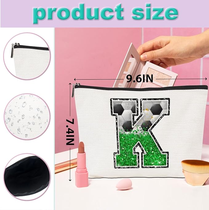 Soccer Gifts Initial Makeup Bag Monogrammed Cosmetic Bag Letter K Zipper Pouch Soccer Accessories for Girls Women Player Coach Friend Stuff Graduation Birthday Gifts
