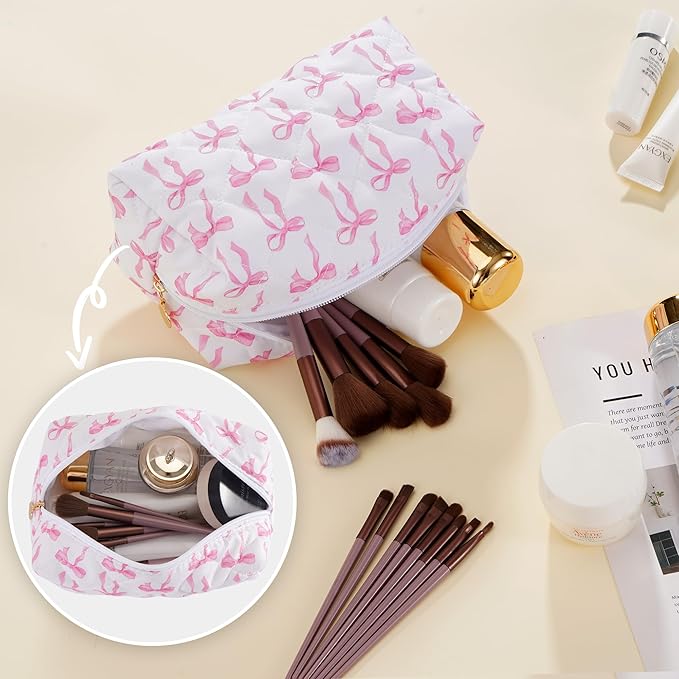 Makeup Bag Travel Toiletry Bag for Women, Small Cosmetic Bags Cute Quilted Cotton Makeup Pouch for Purse Emergency Bag for School Floral Pencil Case Accessory Bag, Ribbon Bow