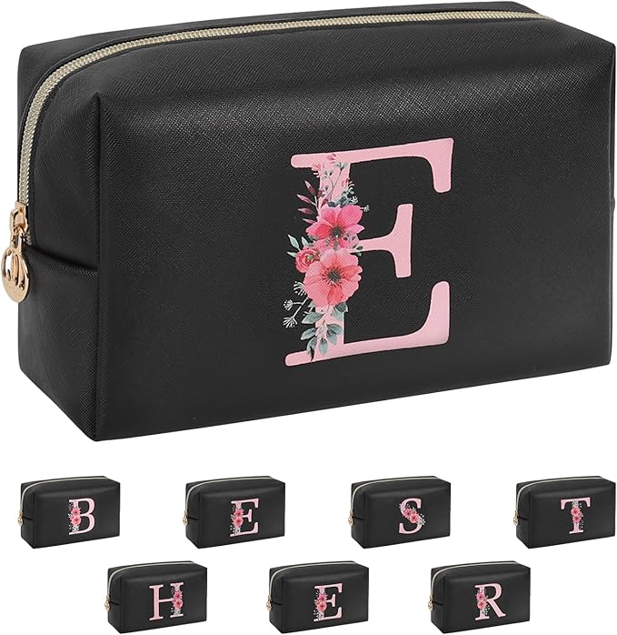 Personalized Initial Makeup Bag, Birthday Gifts for Women and Girls, Small Makeup Pouch Travel Toiletry Bag, Make Up Organizer Bag Gift Trendy Stuff for Friend Mom Teacher, Black