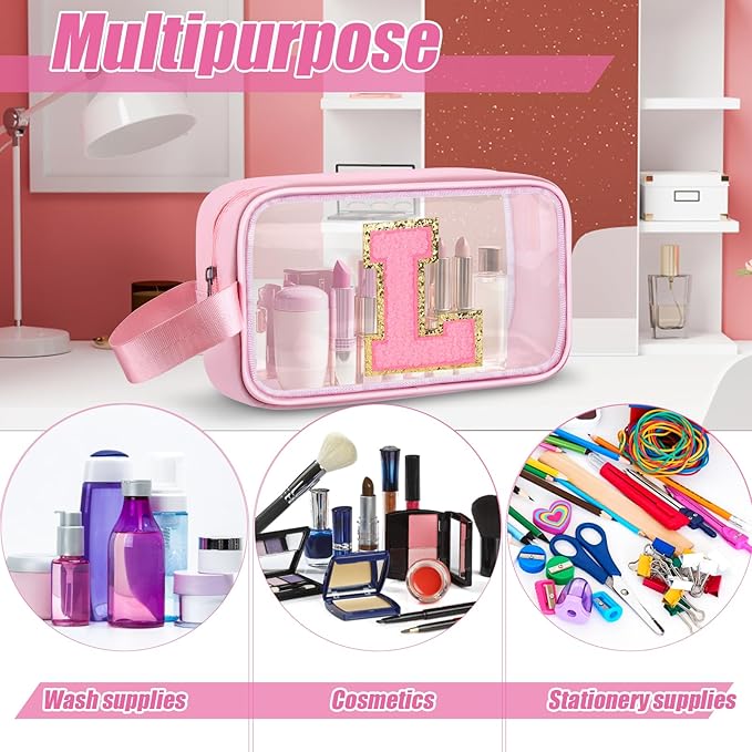 Initial Makeup Bag,Letter L Cute Clear Monogrammed Cosmetic Travel Bag for Womens Girls,Personalized Pink Aesthetic Traveling Make Up Organizer Bag for Beach,Waterproof Toiletry Bag