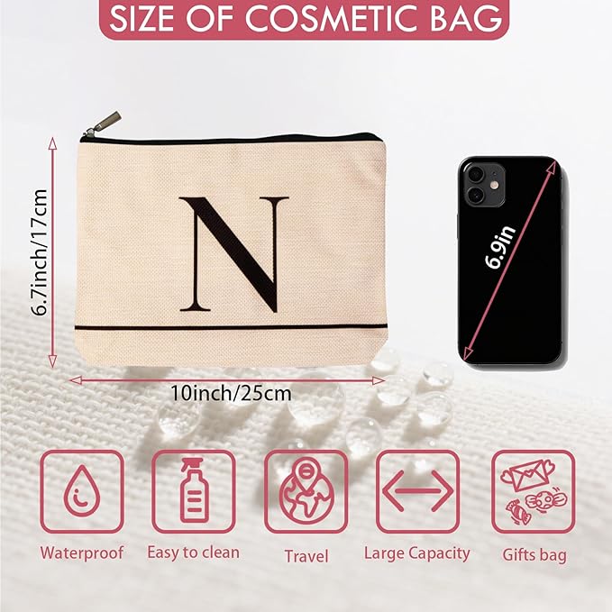 Letter A-Z Initial Personalized Makeup Bags, Birthday Gifts for Women, Monogrammed Gifts for Women Mom Sister Best Friend Bride Bridesmaid, Mothers Day, Christmas, Small Travel Cosmetic Bag (N)