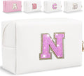 Glitter Initial Letter Makeup Bag, Small Personalized Sequins Letters PU Leather Cosmetic Bag Portable Waterproof Makeup Zipper Pouch, Shine Handbag Organizer Travel Bag Gifts for Women&Girls(White-N)