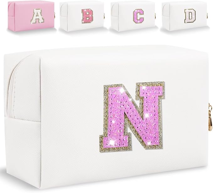 Glitter Initial Letter Makeup Bag, Small Personalized Sequins Letters PU Leather Cosmetic Bag Portable Waterproof Makeup Zipper Pouch, Shine Handbag Organizer Travel Bag Gifts for Women&Girls(White-N)