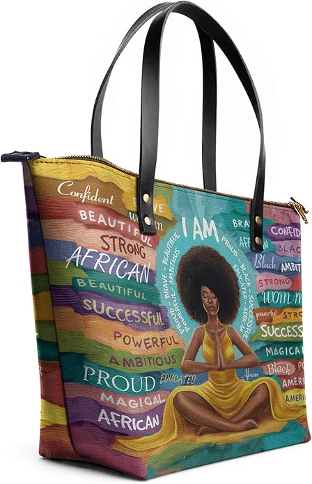 African Black Women's Leather Tote Bag, Large, Premium Vegan Leather, Full Zip, Perfect Christmas Gifts For Women