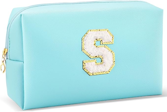 Gifts for Girls Initial Makeup Bag Personalized Cosmetic Bag with Zipper Cute Travel Toiletry Bag Waterproof PU Preppy Makeup Pouch Birthday Gift for Teen Girls Women(Blue S)