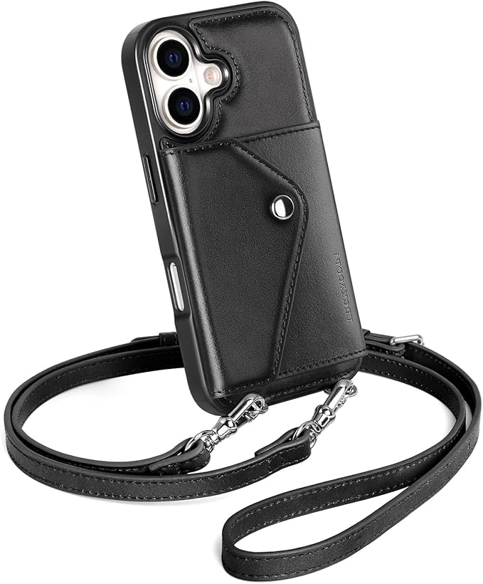 LUCKYCOIN Crossbody Wallet Phone Case for iPhone 17,100% Genuine Leather Wallet Phone Case with Expandable Flip Card Holder,Phone Purse for Women with Adjustable Removable Strap - Black
