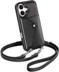 LUCKYCOIN Crossbody Wallet Phone Case for iPhone 17,100% Genuine Leather Wallet Phone Case with Expandable Flip Card Holder,Phone Purse for Women with Adjustable Removable Strap - Black