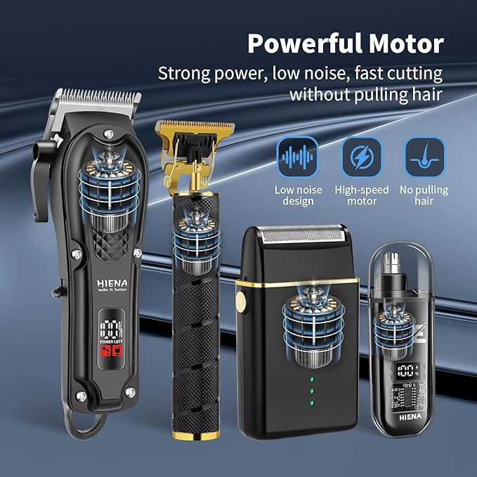 HIENA PRO Hair Clippers for Men Professional, Cordless Barber Clipper & T-Blade Beard/Hair Trimmer Set, Electric Razor Foil Shaver Nose Trimmer Barber Kit, Men's Hair Cutting Kit with 8 Guide Combs