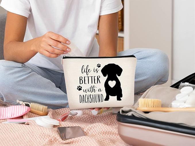 Life is Better with A Dachshund Makeup Bag,Funny Dachshund Heart Cosmetic Bag Best Gift Idea for Dog Lovers Teen Girls Women,Dachshund Mom Gifts for Birthday Christmas Valentine's Day