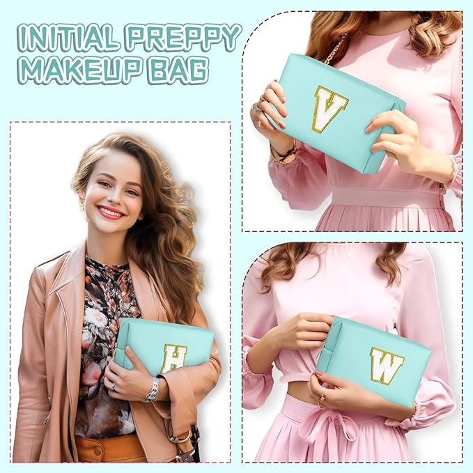 TOPEAST Initial Cosmetic Bag, PU Leather Waterproof Travel Toiletry Bag, Monogrammed Gifts for Women, Personalized Birthday Gift for Sister Friends, Cute Stuff for Girls (Blue K)