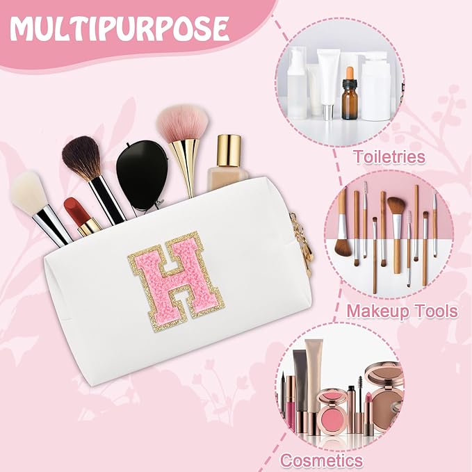 Personalized Chenille Letter Preppy Makeup Bag, Small White Travel Cosmetic Bag Initial Toiletry Zipper Pouch Monogram Makeup Storage, Waterproof Makeup Storage Travel Essentials for Female(Letter H)