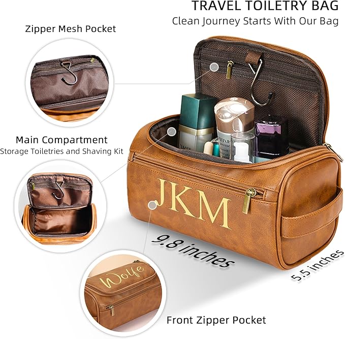 Personalized Toiletry Bag for Men, Engraved Name Initials Toiletry Bag, Customized Monogram Travel Shaving Dopp Kit for Groomsmen, Gift for Christmas, Birthday, Dad, Husband, Grandpa (Dark Coffee)