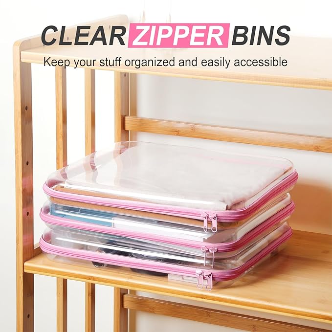 Hoolerry 3 Pcs Clear Hard Zipper Case Plastic Pouch Transparent Hard Case Clear Makeup Bag Portable Travel Organizer Bin for Cosmetics, Building Blocks, Puzzles(Pink,L)