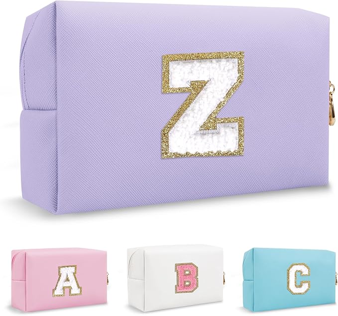 Small Initial Preppy Makeup Bag, Personalized Cute Purple Cosmetic Organizer Chenille Letter Travel Toiletry Zipper Pouch for Purse, Waterproof PU Makeup Case Birthday Gifts for Women Friend(Letter Z)