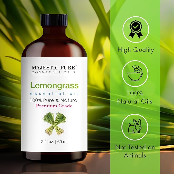 Majestic Pure Lemongrass Essential Oil with Glass Dropper - 2 Fl Oz - 100% Pure and Natural Lemongrass Oil - Premium Grade Essential Oils for Diffuser, Aromatherapy, Soap and Candle Making