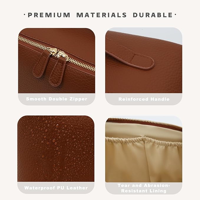 Travel Makeup Bag – Large Cosmetic Organizer with Waterproof PU Leather, Smooth Double Zipper & Tear-Resistant Lining, Toiletry Pouch for Women (Brown)