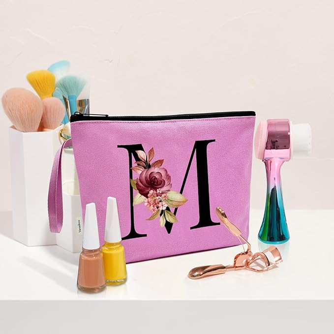 Vavabox A-Z Personalized Makeup Bag, Birthday Gifts for Women Mom, Gifts for Best Friend, Bride Bridesmaid Cosmetic bag (M, Purple)