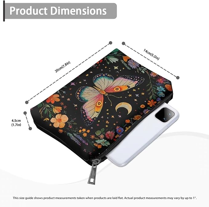 COEQINE Gothic Cosmetic Purses Leather Case for Women Trendy Butterfly Moon Goth Cosmetic Bags for Women Travel Black Floral Makeup Organizer Pouch With Zipper
