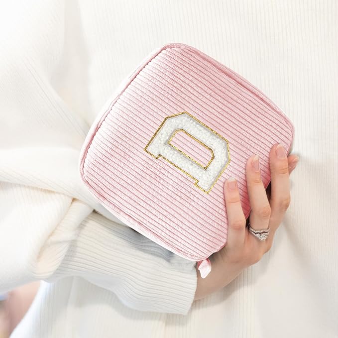 LETGO Birthday Gifts for Women Small Personalized Initial Monogram Makeup Bag,Preppy Corduroy Makeup Bags Travel Toiletry Bag Cute Pouch Purse for Her Mom Girlfriend Wife Sister Teacher Bridesmaid
