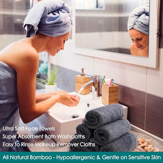 Wash Cloths 12 Pack, Super Soft and Skin Friendly Face Towel for Sensitive Skin, 10x10 inch Small Face Washcloths, Reusable Washable Makeup Remover Cloths, Easy to Rinse Grey Facial Cleansing Cloths