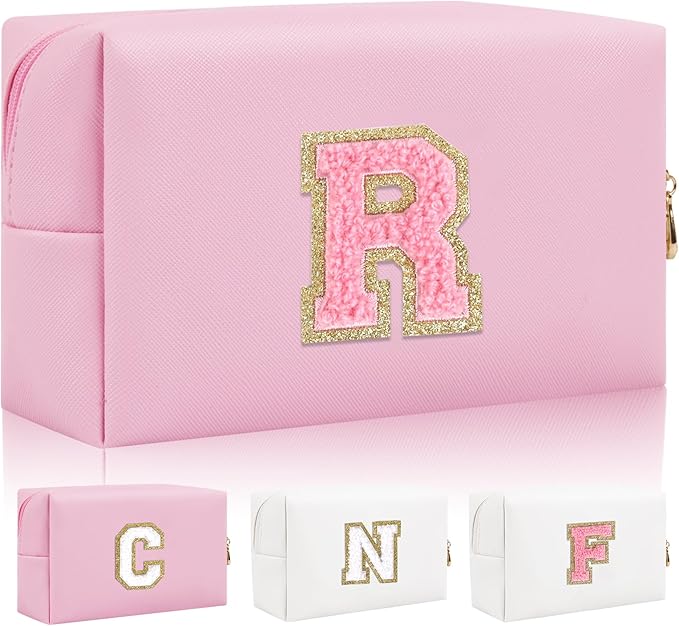 Personalized Initial Letter Patch Makeup Bag, Preppy Small Chenille Cosmetic Bag with Zipper, PU Leather Waterproof Travel Toiletry Bag Monogram Make Up Pouch for Women Girls