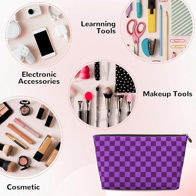 Womens Leather Makeup Bag Cosmetic Bag Travel Toiletry Bags Make Up Bags for Women Adult (Elegant Purple)