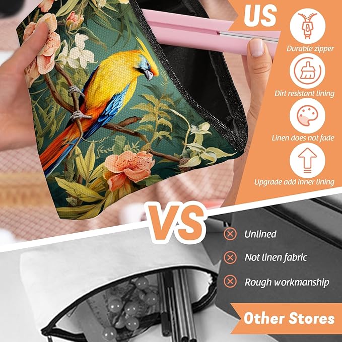 Makeup Bag Travel Cosmetic Bags Small Makeup Case Waterproof Zipper Pouch for Women Girls 7X9inches - Colorful Bird on A Branch with Tropical Flowers