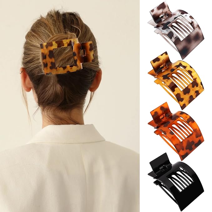 Velscrun Flat Hair Clips for Women Girls, Bright Leopard Color Lay Flat Claw Clips, Strong Hold Large Hair Clip for Thick Hair, French Duck Billed Hair Jaw Claw Clip, Non Slip Grip for Daily Styling