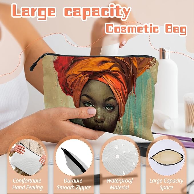 Cosmetic Bags Travel Makeup Toilet Case Waterproof Pouch for Women Girls 6.7X9.45inches - Orange Turban And The Intense Gaze of A Lady