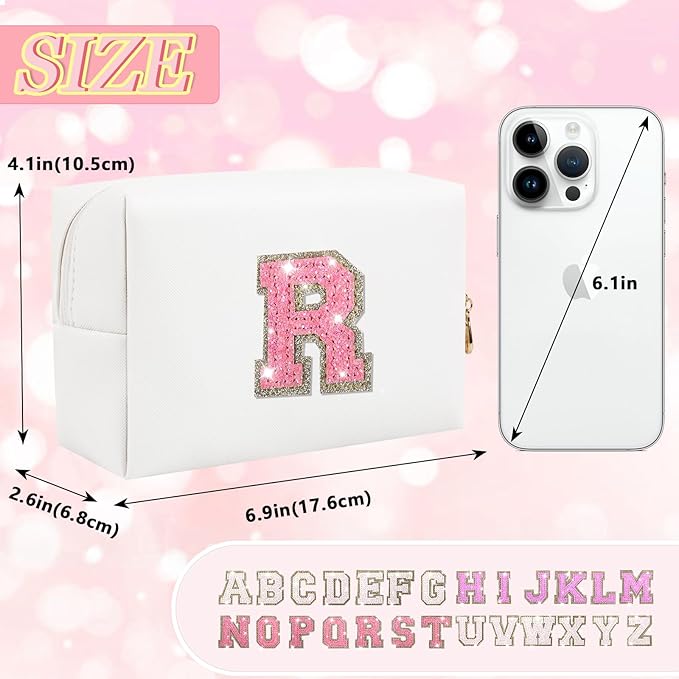 Personalized Initial Letter Makeup Bag, Small Glitter Letter Patch Cosmetic Pouch Zipper, Preppy Makeup Organizer PU Waterproof Travel Toiletry Bag, Monogrammed Birthday Gift for Women Girls