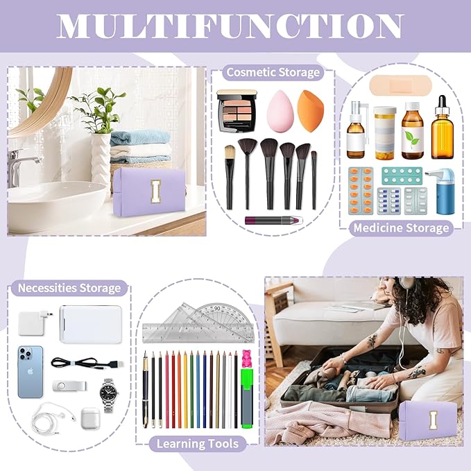 Personalized Makeup Bag Initial A-Z Preppy Patch Bag,Small PU Leather Travel Cosmetic Bag Pouch with Zipper,Purple Cute Toiletry Bag,Gift Ideal for Teen Girls Women Birthday Friend Mom,Latter I