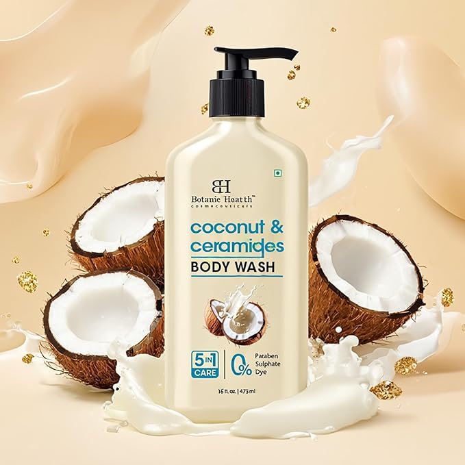Botanic Hearth Coconut & Ceramides Body Wash Hydrating Shower Gel, Gentle Cleanser with 5 in 1 Care Sulfate Free, Paraben Free, Dye Free 16 fl oz