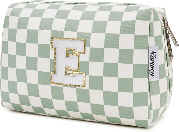 Narwey Birthday Gifts for Teen Girls Women Personalized Initial Checkered Makeup Bag Preppy Cosmetic Bag Trendy Stuff 6 8 10 11 12 13 14 16 18 Years Old Travel Toiletry Bag (Green Letter E)