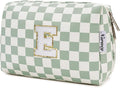 Narwey Birthday Gifts for Teen Girls Women Personalized Initial Checkered Makeup Bag Preppy Cosmetic Bag Trendy Stuff 6 8 10 11 12 13 14 16 18 Years Old Travel Toiletry Bag (Green Letter E)