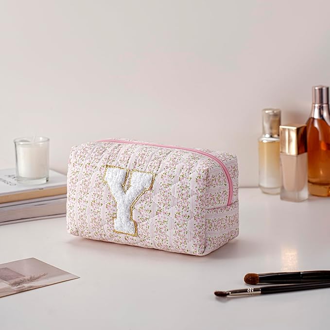 JOVAKIT Alphabet Makeup Bag Cosmetic Bag for Women, Christmas Gifts for Girls Age 6-18, Floral Flowers Coquette Travel Toiletry Zipper Make Up Pouch Organizer Trendy Stuff (Pink Floral Y)