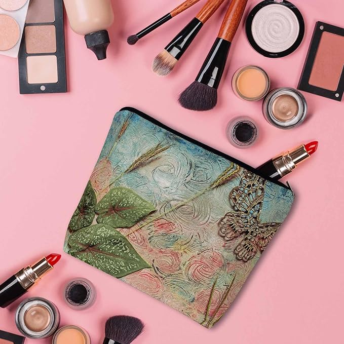 Women Cosmetic Bag Butterfly, Pond Green Leaves Floral Butterflies Cute Makeup Bag For Purse Cosmetic Travel Bag For Toiletries Makeup Storage Bag Flax Skincare Bag Make Up Pouch Bags