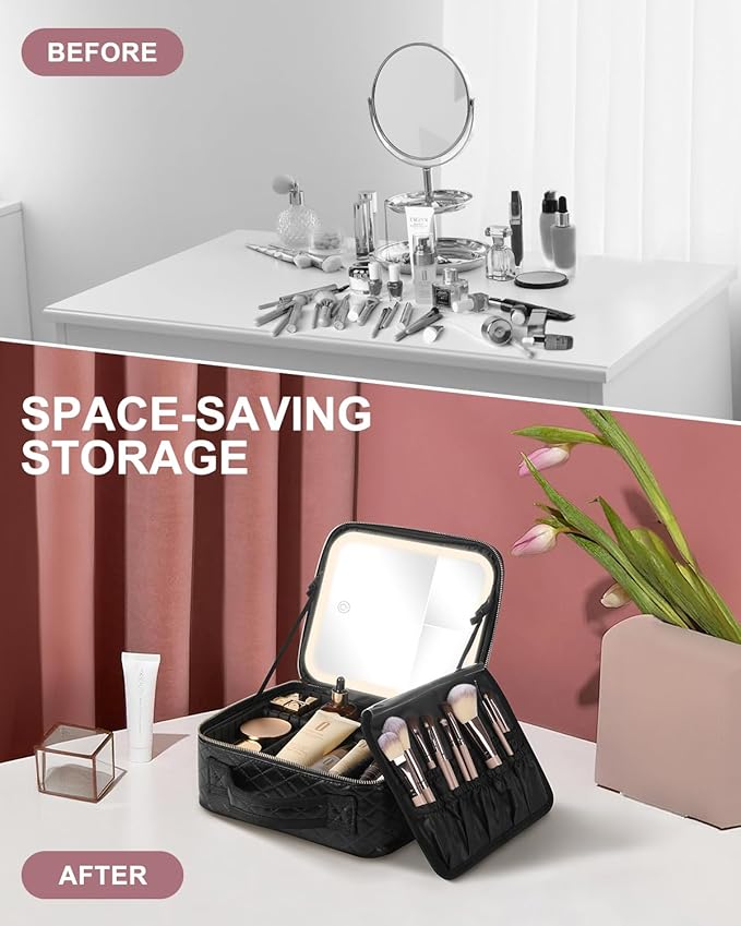 Makeup Bag with LED Lighted Mirror| Portable Makeup Organizer Train Case with 2X/3X Magnification & 3 Color Lights for Precision, Adjustable Brightness| Elegant Gift Packaging, Gift for Women, Black