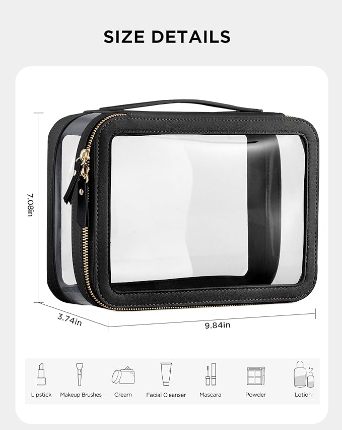 Large Clear Makeup Bag for Women, Portable Travel Makeup Bag Organizer Waterproof Toiletry Bag Cute Makeup Bags Cosmetic Bag Makeup Pouch, Black