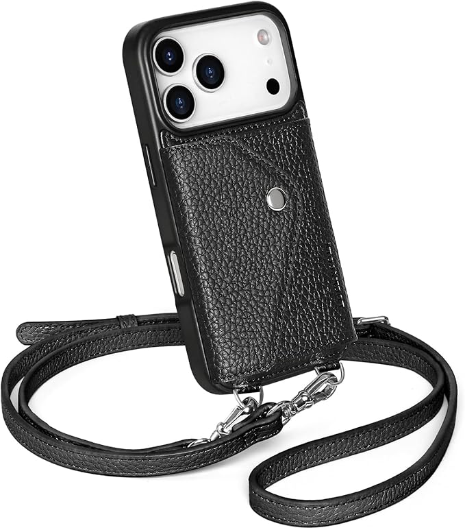 LUCKYCOIN Crossbody Wallet Phone Case for iPhone 17 Pro,100% Genuine Leather Wallet Phone Case with Expandable Flip Card Holder,Phone Purse for Women with Adjustable Removable Strap - Pebble Black