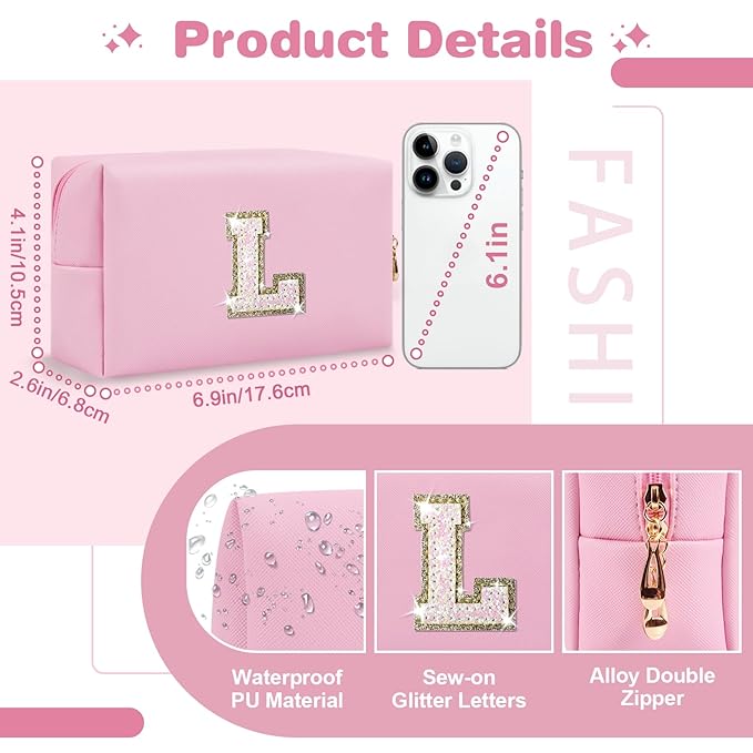 Small Personalized Initial A-Z Patch Makeup Bag,Pink Cute PU Leather Glitter Letter Cosmetic Bag for Teen Girls,Travel Toiletry Bag with Zipper,Preppy Monogrammed Birthday Gift for Daughter Niece L