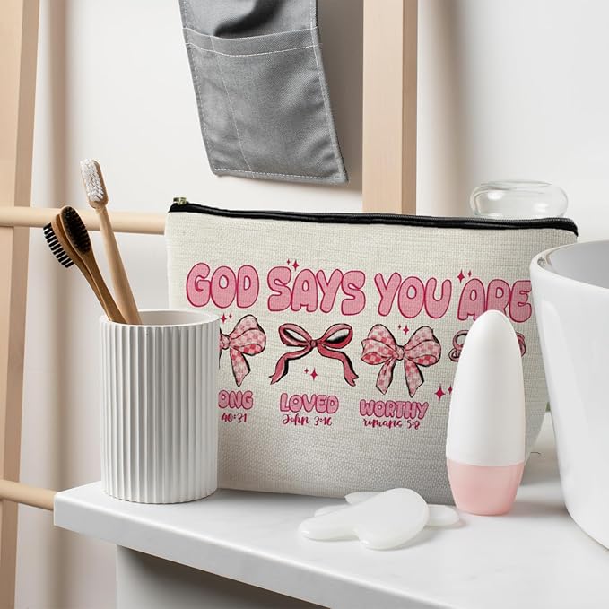 Coquette Preppy Pink Bow Makeup Bag, God Says You are Christian Bible Verse Cosmetic Bags Zipper Pouch for Women, Christian Gifts for Women, Faith Based Gifts Makeup Pouch